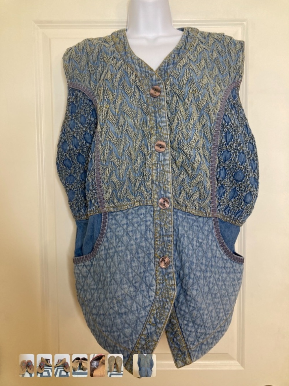 Vintage Cottagecore Patchwork Denim Vest Size 8 Embroidered Quilted Floral Boho - Picture 2 of 5